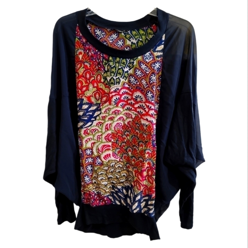 Tolani Silk Blend Abstract Floral Blouse XL Sheer W/ Ribbed Dolman Sleeves Navy